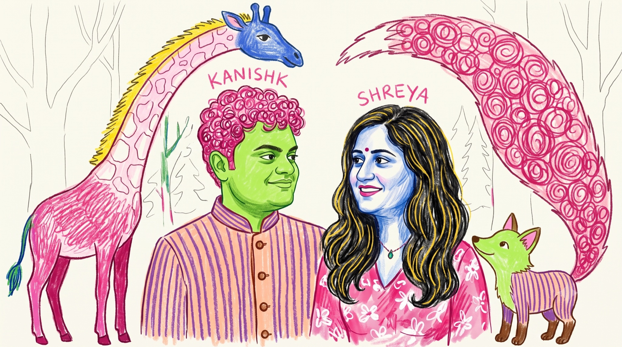 First AI-generated crayon artwork of the couple with swapped color styles, giraffe on the left, small fox with a detached swirl tail on the right